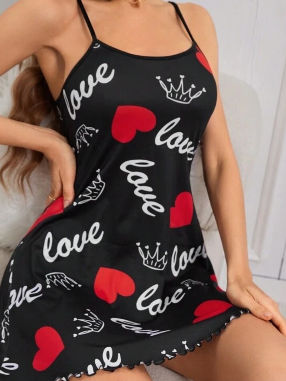 Source Unknown Black Slip Dress with Red Hearts and White 'Love' Print